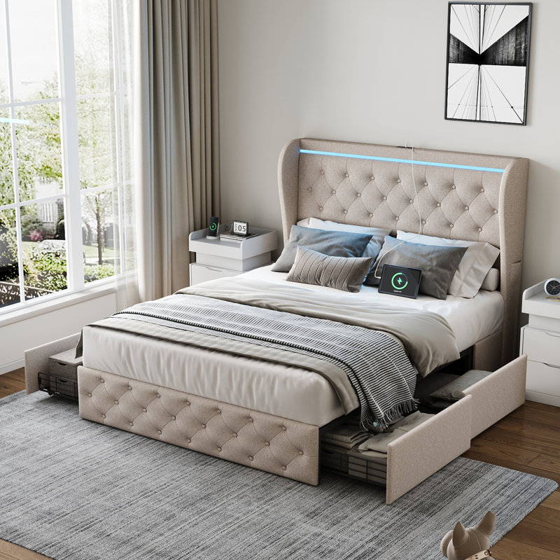 Komor Upholstered Storage Bed with Charging Station and LED Lights, Beige, Full