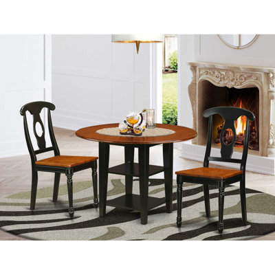 3 Piece Dining Room Furniture Set Contains a Round Kitchen Table with Dropleaf & Shelves and 2 Dining Chairs, Black & Cherry