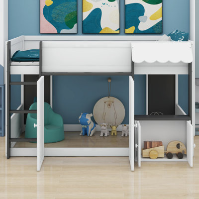 Playhouse Loft Bed with Storage, Modern Wood Cabin Style Bed for Kids Bedroom & Teens Room