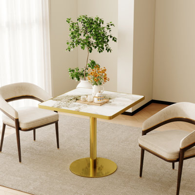 Table bistro carrée moderne de 80 cm (31,5 pouces) de côté, style tulipe, plateau en imitation marbre, montage facile, structure en métal, plateau brillant effet pierre de montagne enneigée, bordure en alliage d'aluminium, pieds en acier inoxydable doré, gris ardoise