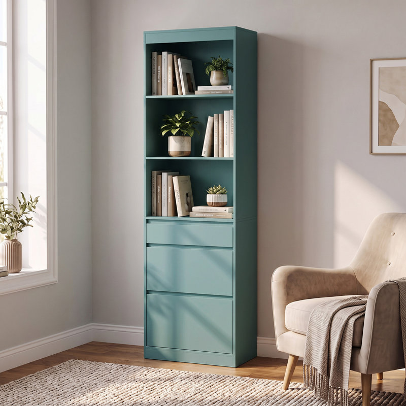 Bookcase with Drawers Narrow Storage Adjustable Shelves Light Green