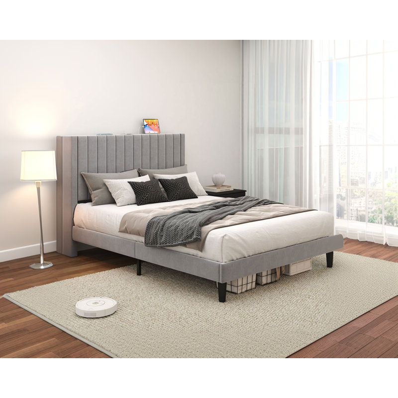 Alti 44.8'' Velvet Upholstered Tufted Bed Frame with Charging Station