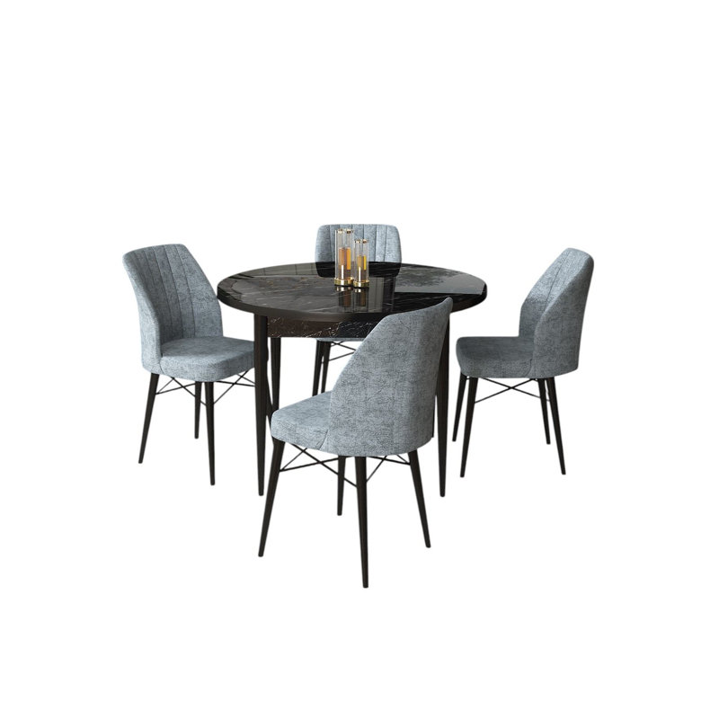 Ensemble de table et chaises de salle à manger moderne 5 pièces, marbre noir et gris | Table 35,4 po x 29,5 po x 35,4 po, chaises: 17,7 po x 36,6 po x 16,5 po | Panneau de particules 100% mélamine, pieds en bois et structure en métal | Conception élégante pour un repas élégant