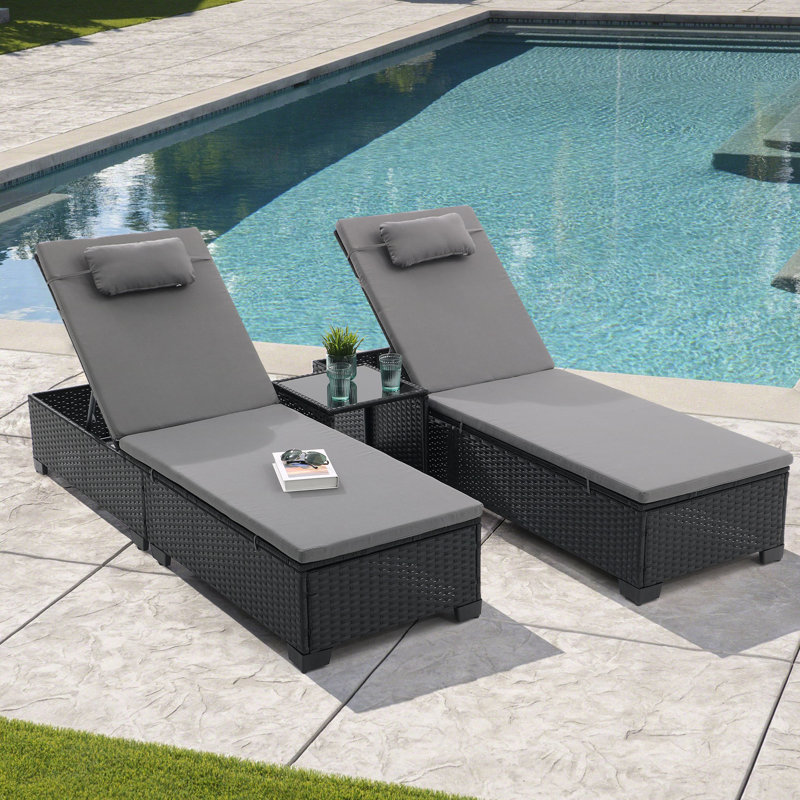 3 Pcs Patio Chaise Lounge with Coffee Table Cushion&Pillow Outdoor Lounge Chair Chaise Lounger Patio Reclining Chair 5 Angle Adjustment PE Rattan for Courtyards Poolside Garden