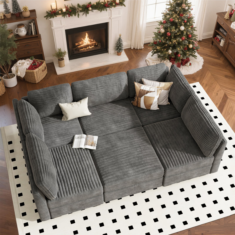 Benevides Corduroy Section Sofa Combination, 5 Seats, With Ottoman, Can Be Combined At Will, Gray Corduroy