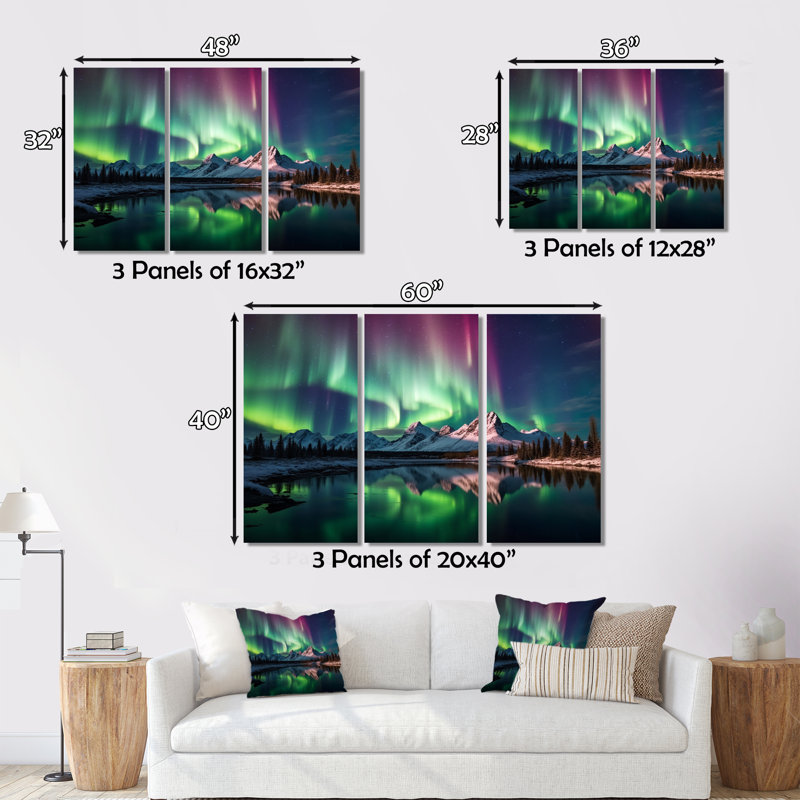 Yukon Dream Aurora V sur toile, reproduction de 3 pièces, H 28 po x l 36 po x P 1 po