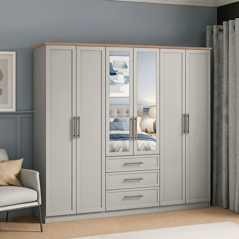 Cleverton 6 Door 3 Drawer Wardrobe with Mirror, Light Grey
