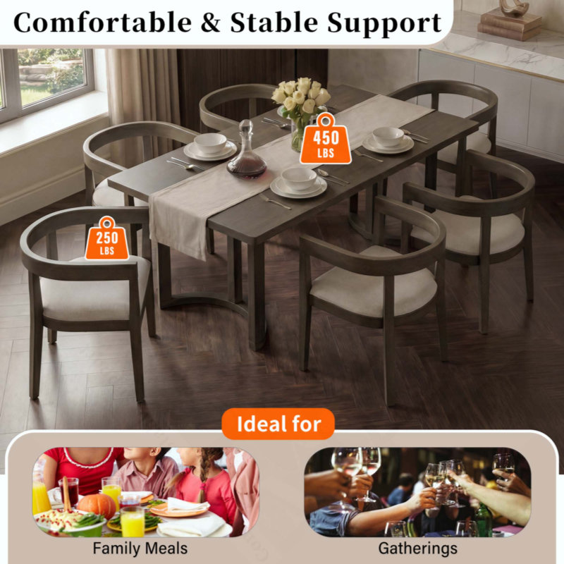 Ensemble de table de salle à manger 7 pièces pour 6 personnes, ensemble de table de cuisine rectangulaire avec 6 chaises rembourrées à dossier demi-tonneau, table de salle à manger grain de bois avec dossier incurvé et sièges rembourrés