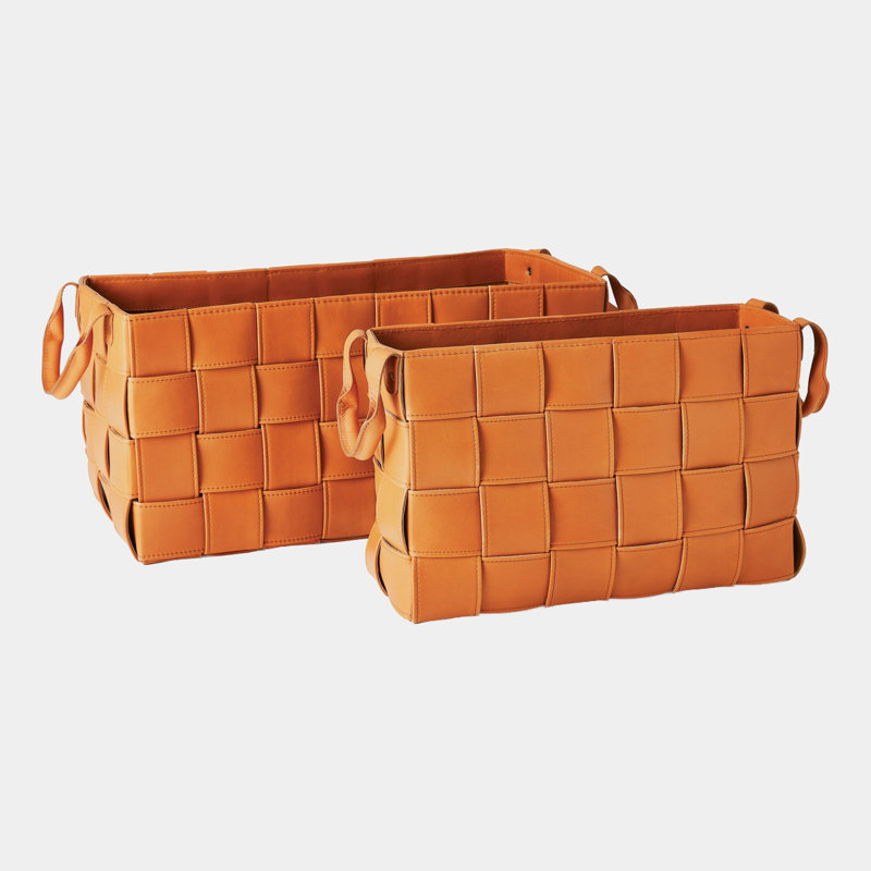Soft Woven Leather Basket-Orange-Lg, 12" H x 12" W x 24" D, Orange