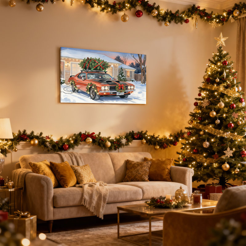 Voiture de Noël avec arbre et lumières, H 16 po x l 24 po