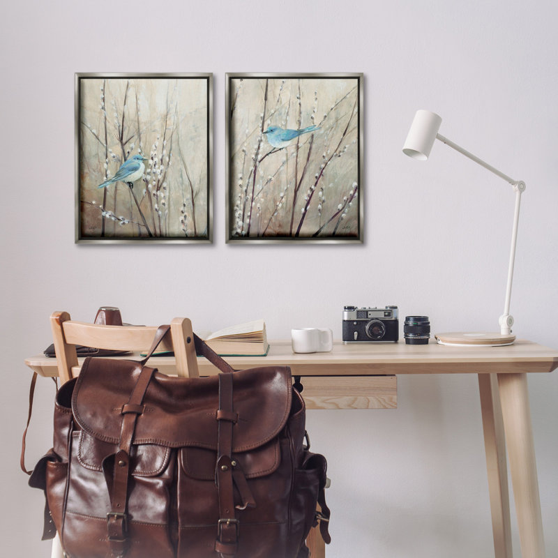 Ensemble de 2 toiles flottantes encadrées Peaceful Blue Birds par Julia Purinton, Cadre flottant gris lustré