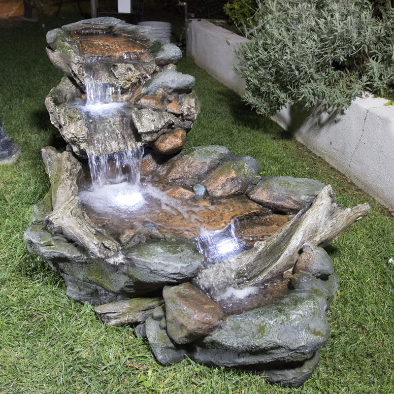 Rainforest 3-Tier Outdoor Cascading Water Fountain, 60" with LED Lights, Gray, 28" H x 60" W x 30" D