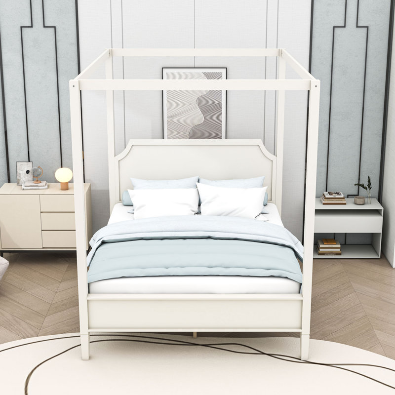Lit plateforme en bois avec tête de lit, Cream White, Queen