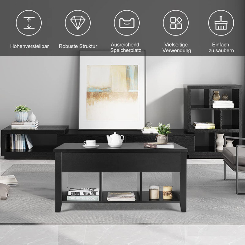 Cecille Four Leg Coffee Table with Storage, Black
