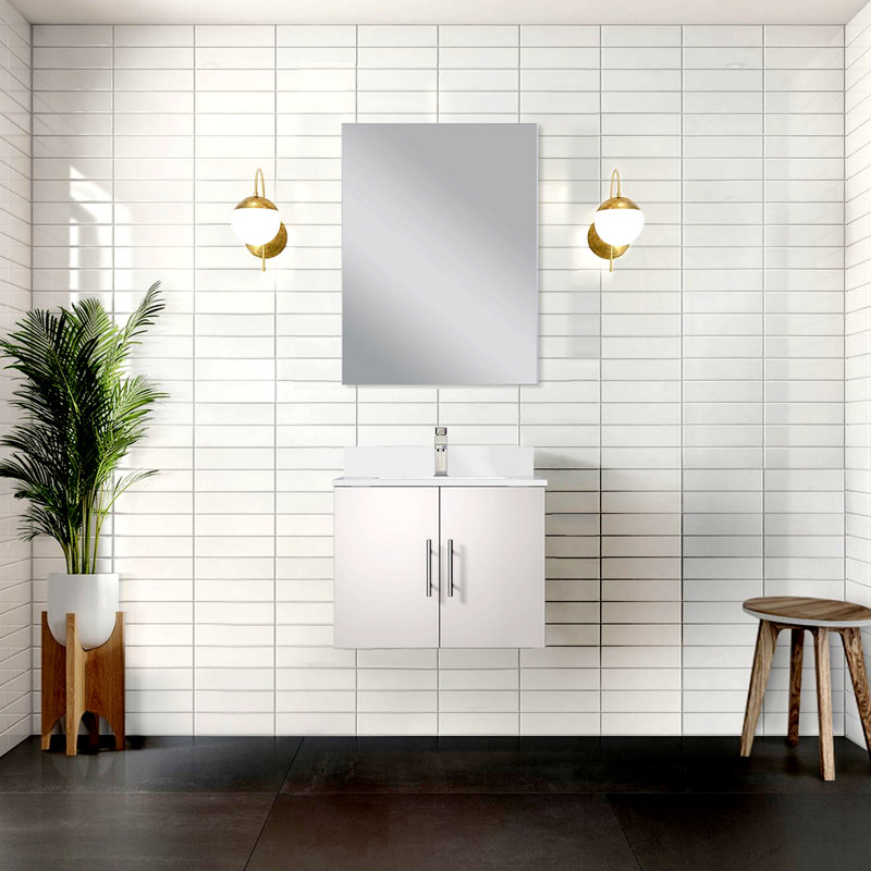 Meuble-lavabo simple blanc lustré 24 po X P 22 po D, comptoir en marbre de culture, 18 po Ensemble miroir et robinet