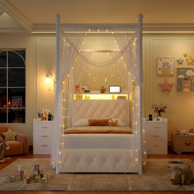 Kids Bedroom Set: LED Canopy Bed Frame with Charging Ports + 2 Nightstands with Outlets & Drawers (Creamy White, T Sizes)