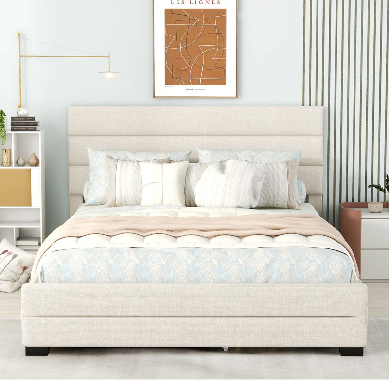 Carico Upholstered Platform Bed, Beige, Linen