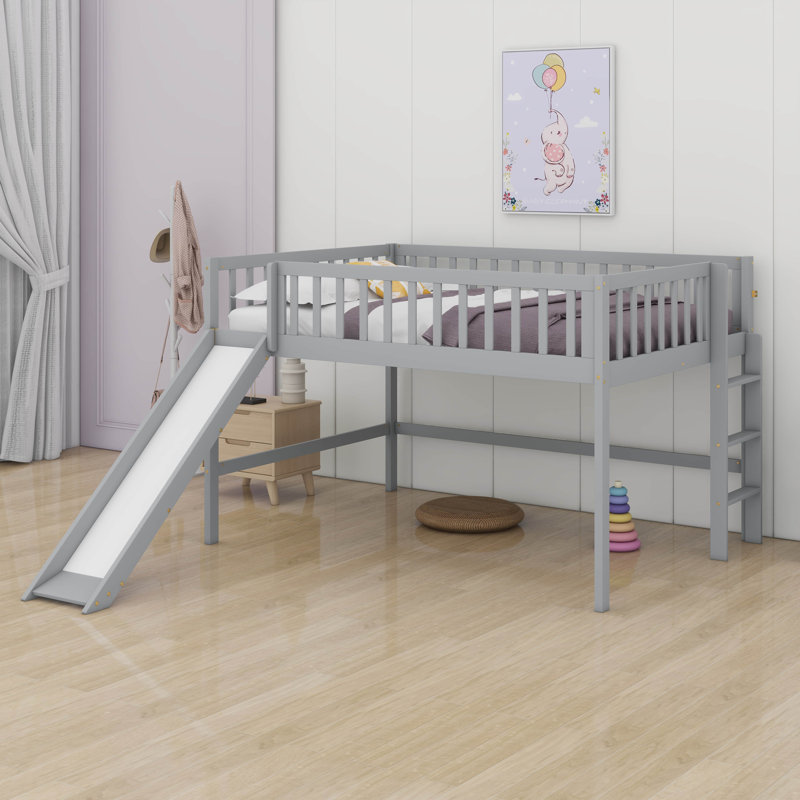 Full Size Low Loft Bed With Slide And Ladder,Wooden Bed Frame With Guardrails For Girls,Boys,No Box Spring Required, Gray