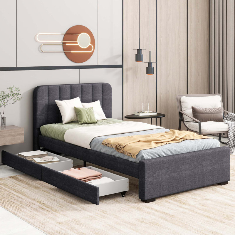 Structure de lit plateforme avec 2 tiroirs de rangement et tête de lit avec port USB, style simple en tissu de lin, support de lattes en bois, aucun sommier requis