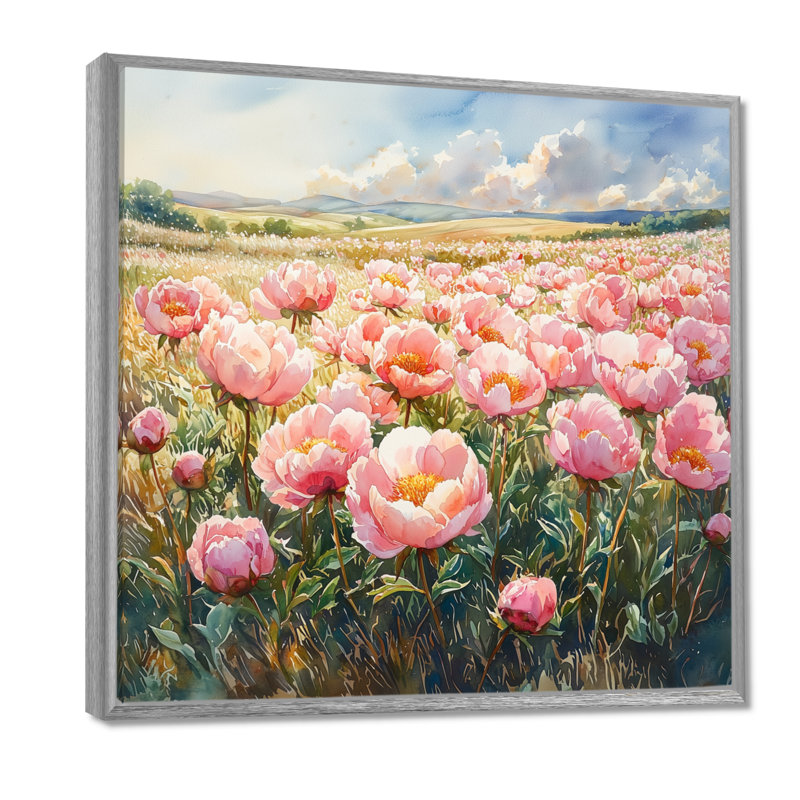 Pivoines dans le champ ensoleillé II - pivoines grand art mural, H 16 po x l 16 po, Impression encadrée flottante