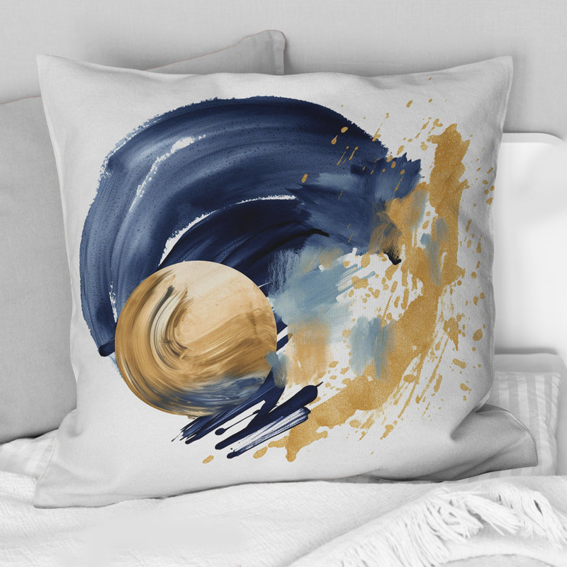 Coussin décoratif à imprimé géométrique abstrait bleu foncé et doré