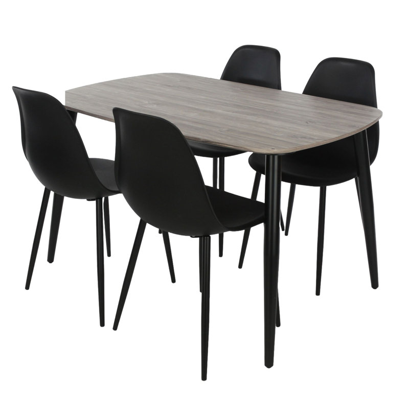 Huetter 5-Piece Casual Dining Set - Spacious Rectangular Table & 4 Curved Plastic Chairs, Black, Grey