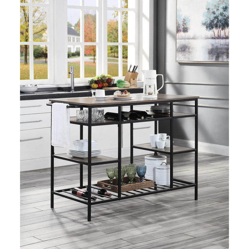 Îlot de cuisine rectangulaire noir et chêne avec dimensions pratiques de style rustique moderne et tablette