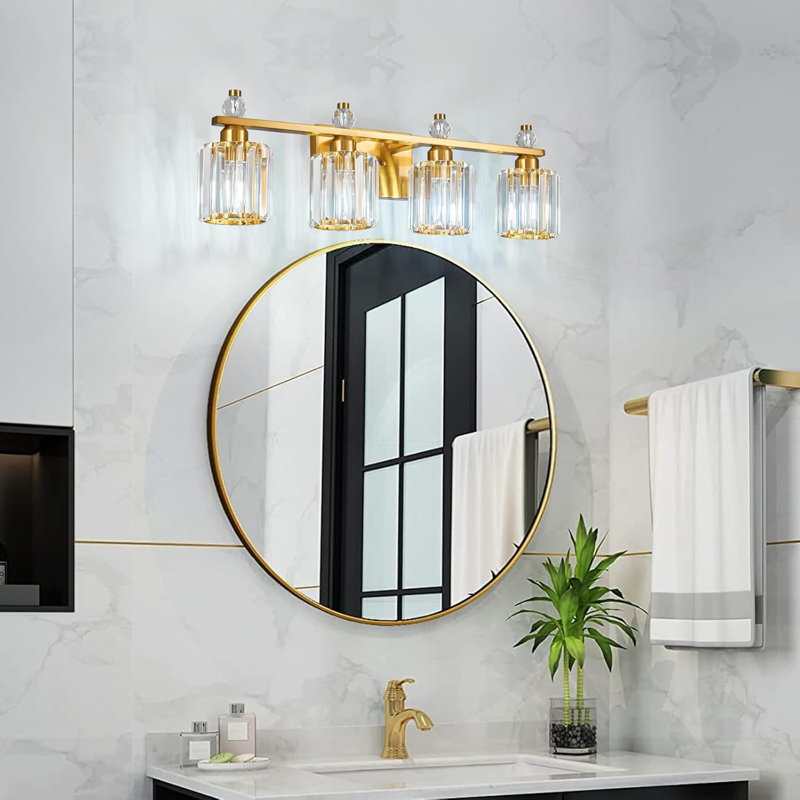 Luminaire de salle de bain moderne en cristal chromé à 4 lumières pour installation au-dessus d'un miroir, Doré