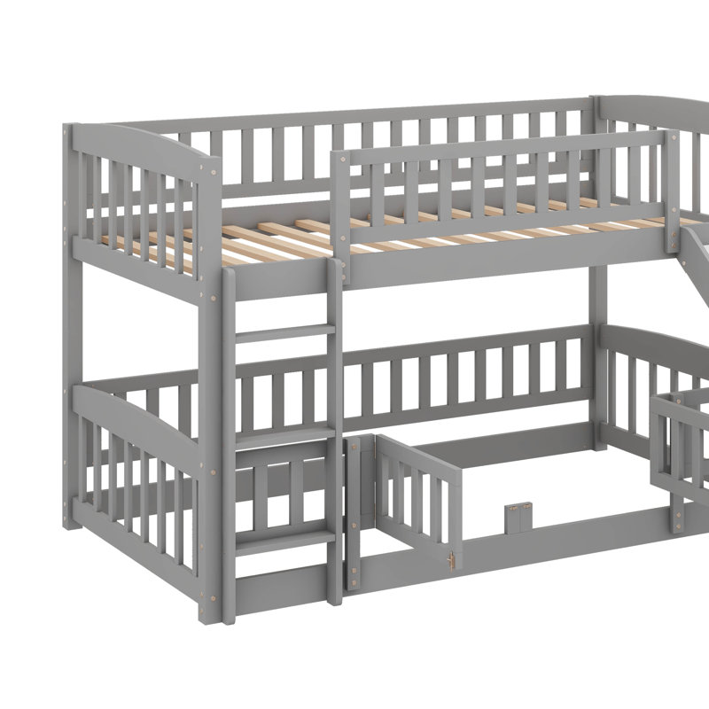 Low Bunk Beds, Kids Bunk Bed With Slide, Fence And Ladder, Wood Toddler Bunk Beds, Twin over Twin, Gray