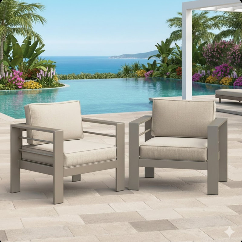 Set Of 2    28" All-Weather Metal Patio Armchairs With Thick Beige Cushions & Khaki Frame, Beige, Khaki
