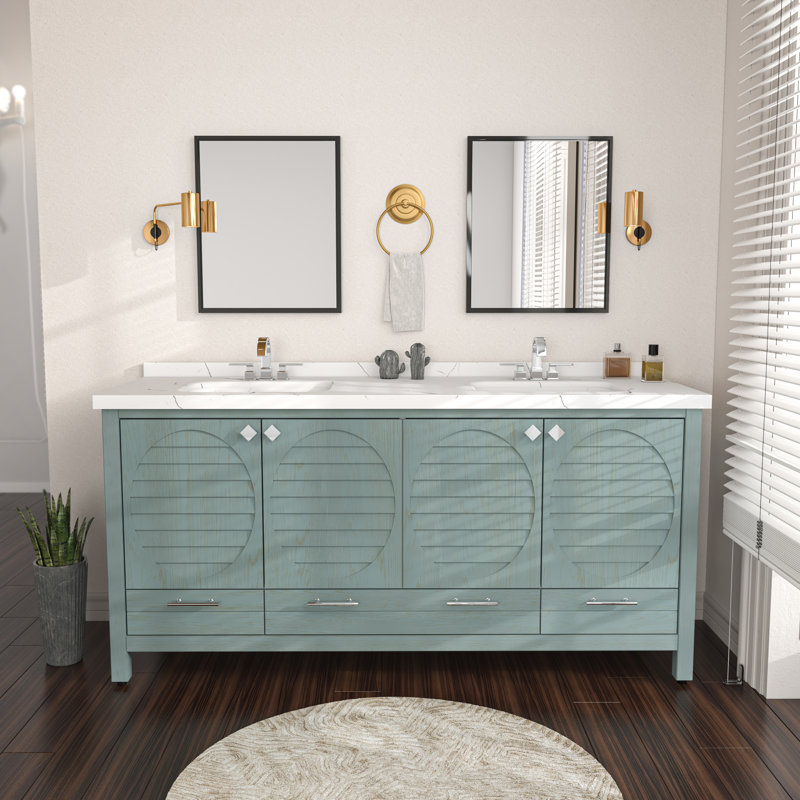 Meuble-lavabo double autoportant 71 po avec plateau en marbre d'ingénierie Efstathios, Bleu-vert