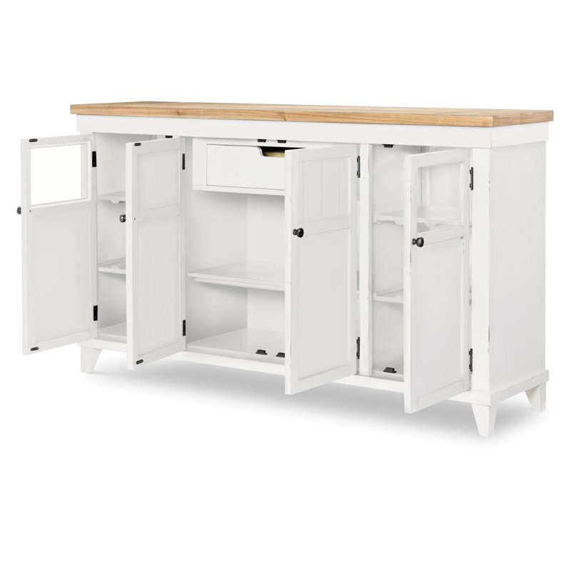 Crédence (4 portes, 2 fenêtres en verre avec rondelles, 1 tiroir, 4 tablettes / 1 tablette réglable), Blanc/Brun clair