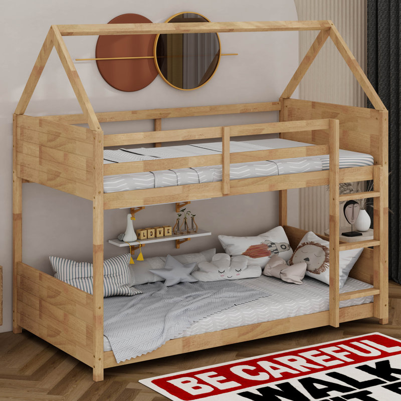 Lit superposé simple au-dessus d'une chambre simple avec tête de lit, pied de lit et garde-corps, Chêne blanc