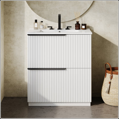 Meuble-lavabo autoportant de 30 pouces avec lavabo en céramique et tiroirs à fermeture en douceur à extension complète, conception cannelée pour un rangement élégant