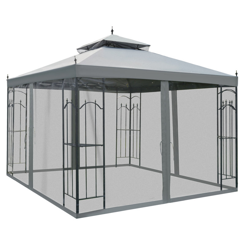 3x3m Double Top Garden Gazebo, Grey Outdoor Patio Wedding Party Tent With Mosquito Netting, Uv & Water Resistant Polyester Canopy, Powder Coated Steel Frame With Ground Stakes For Backyard Sun Shade