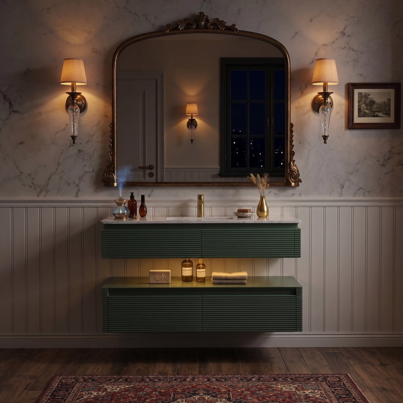 Meuble-lavabo suspendu de 122 cm (L) x 53 cm (P) avec comptoir en pierre, éclairage DEL intégré, design cannelé à deux niveaux, tiroirs à fermeture amortie, vert
