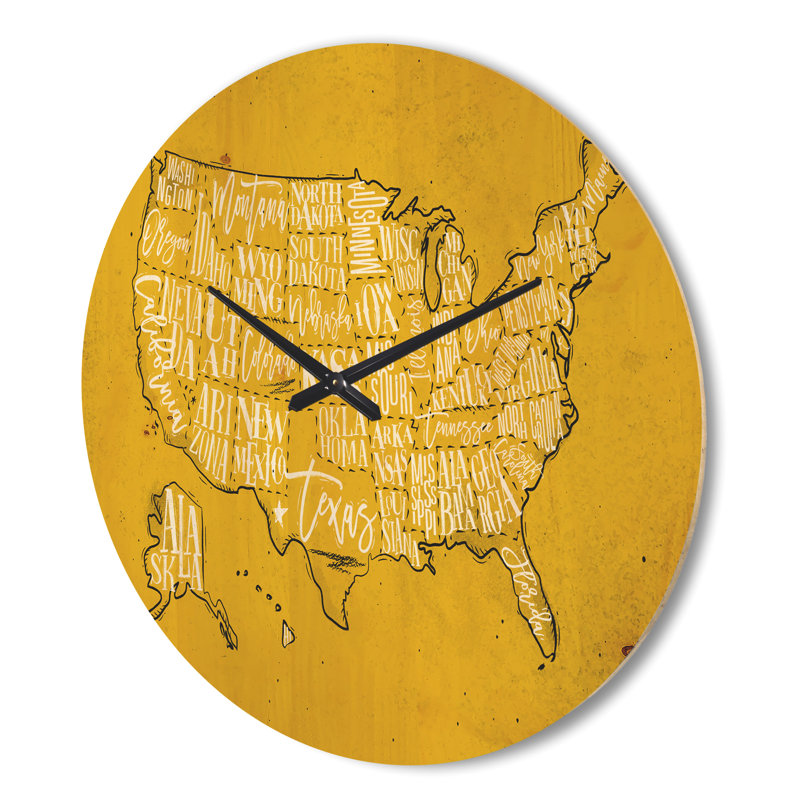 Carte vintage jaune des États-Unis - horloge murale moderne en bois, Très grand