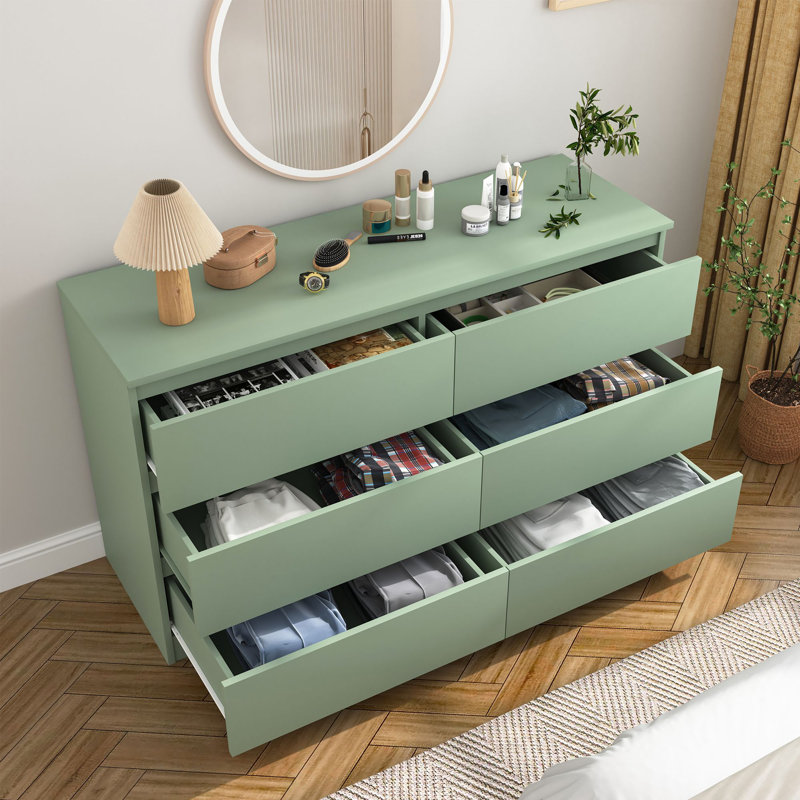 Green 6-Drawer Modern Wood Dresser