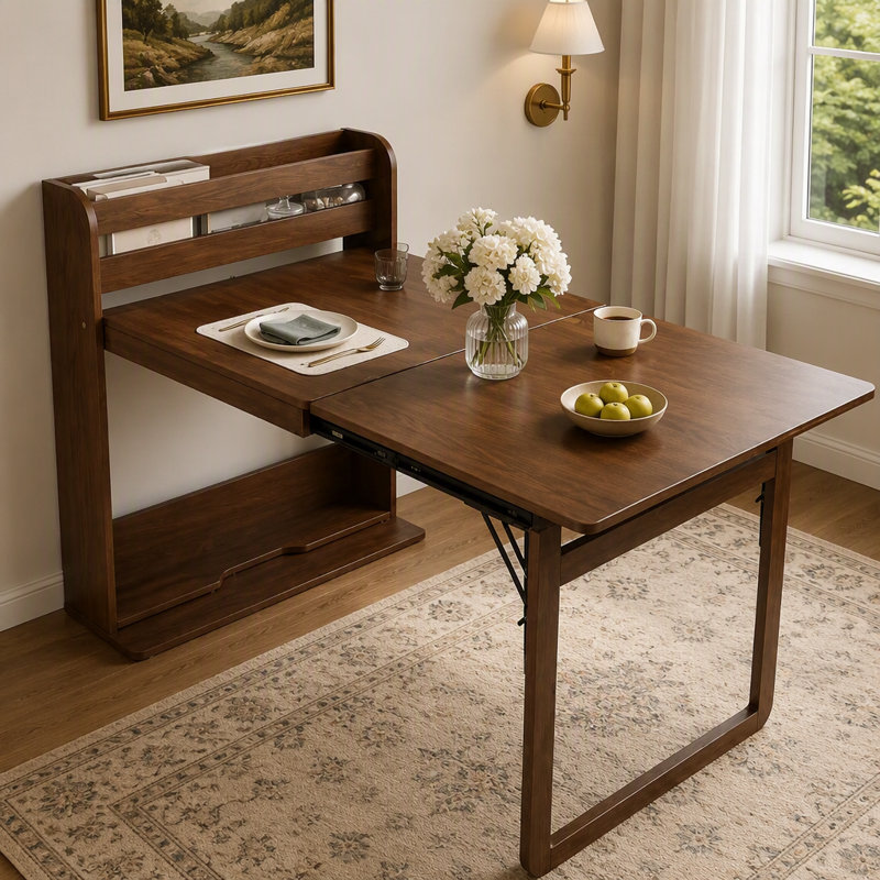 Table de salle à manger murale pliante Murphy avec étagère de rangement intégrée pour un gain de place et une grande polyvalence dans les petits appartements