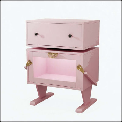 Pink Robot LED Nightstand with 360° Rotating Drawer and Glass Door