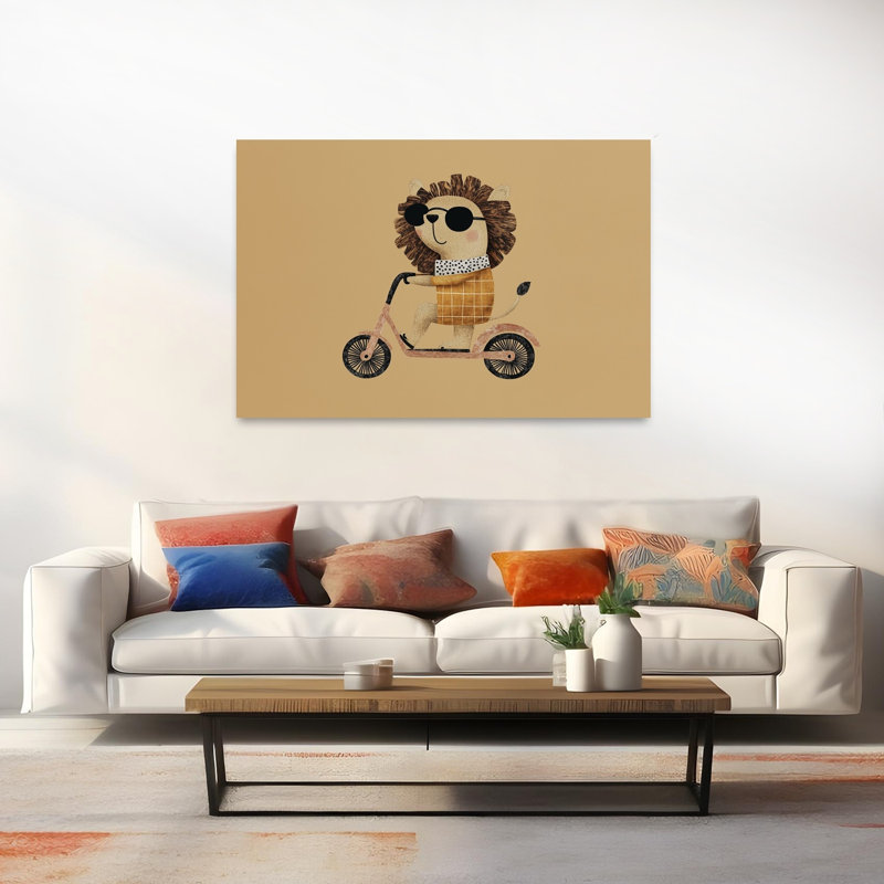 Hipster Lion On Scooter Modern Playful Whimsical Lion Wall Art Print 1 Piece Wrapped Canvas Wall Art, 101.6cm H x 152.4cm W