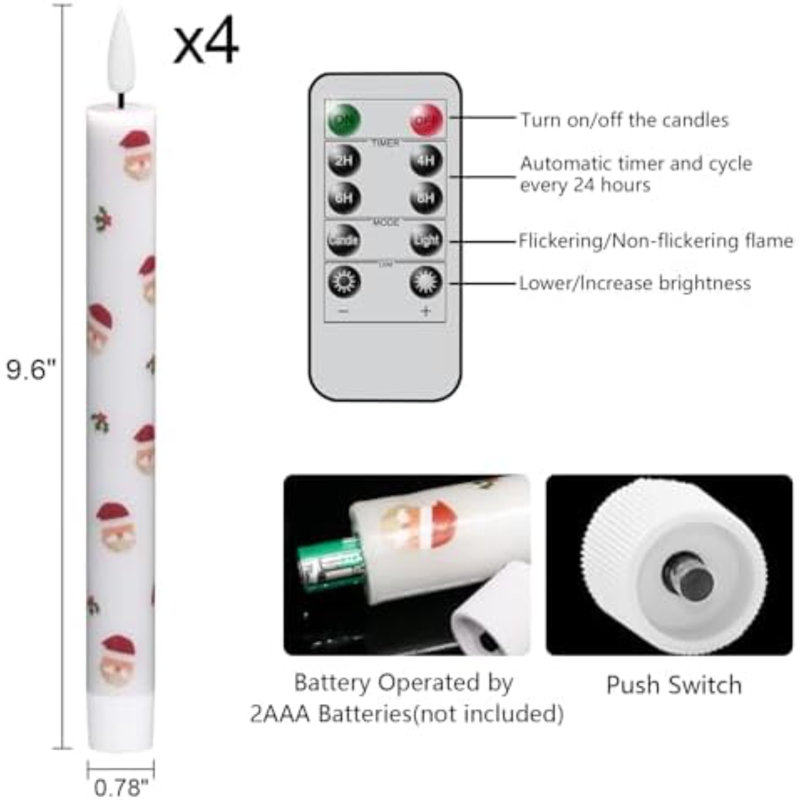 Bougies de Noël coniques avec des impressions du Père Noël, paquet de 4 bougies à DEL avec minuterie, bougies sans flamme scintillantes avec des impressions du Père Noël pour la décoration intérieure (0,78 po x 9,6 po)