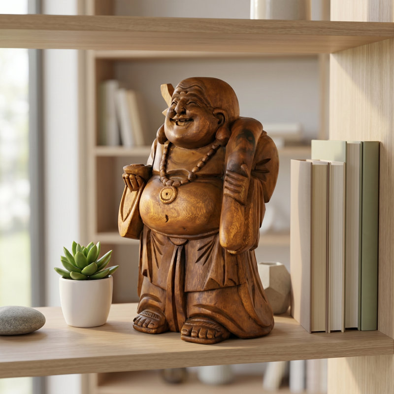 Statue de Bouddha heureux en bois Menaal, H 12 po x l 4 po x P 6 po