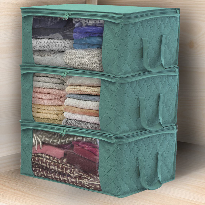 Bamboo Sorbus Foldable Storage Fabric Cube Bin Bag Organizers, Teal