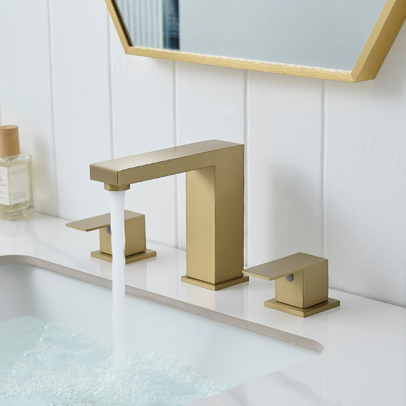 8 Inch Widespread 3 Hole Stainless Steel Bathroom Sink Faucet With Gold Finish, 2 Handles, Manual Operation, Side , Ceramic Filler, Handle, Contemporary Look Vanity Faucet, Control, Cartridge Valve