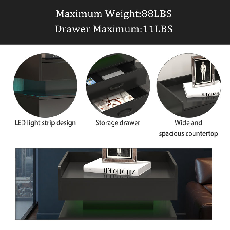 1 Set Nightstand With Adjustable LED Strip Light, 2-Drawers, Large Storage Space, Suitable For Bedside Table, Coffee Table, Sofa Side Table Or End Table For Study Desk