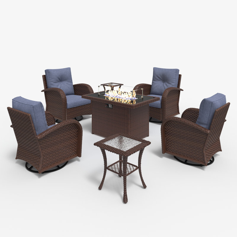 Ensemble de mobilier d'extérieur 7 pièces avec foyer et table modulaire en rotin et osier Lark Manor ™, Marine