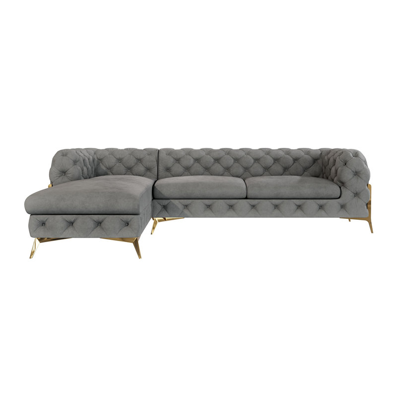 Corner Chaise Chesterfield Sofa  with Gold Metal Legs, Grey, Left Hand Facing