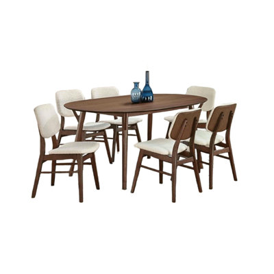Lexy 7Pc Dining Table Set With 6 Angled Leg Boucle Chairs, Walnut Brown