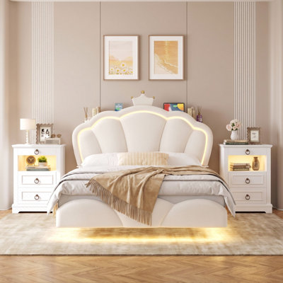 Ensemble de chambre à coucher 3 pièces avec prises et lumière DEL, lit en velours à couronne flottante avec rangement pour tête de lit et table de chevet 2 tiroirs l 18,5 po 